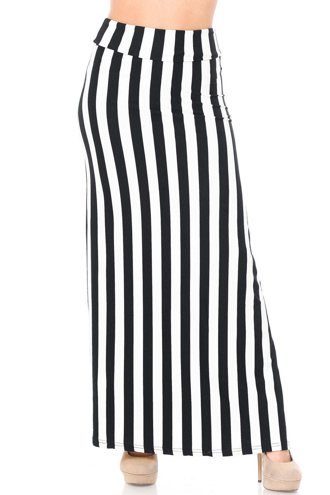 Wholesale Buttery Smooth Black and White Wide Stripe Plus Size Maxi Skirt