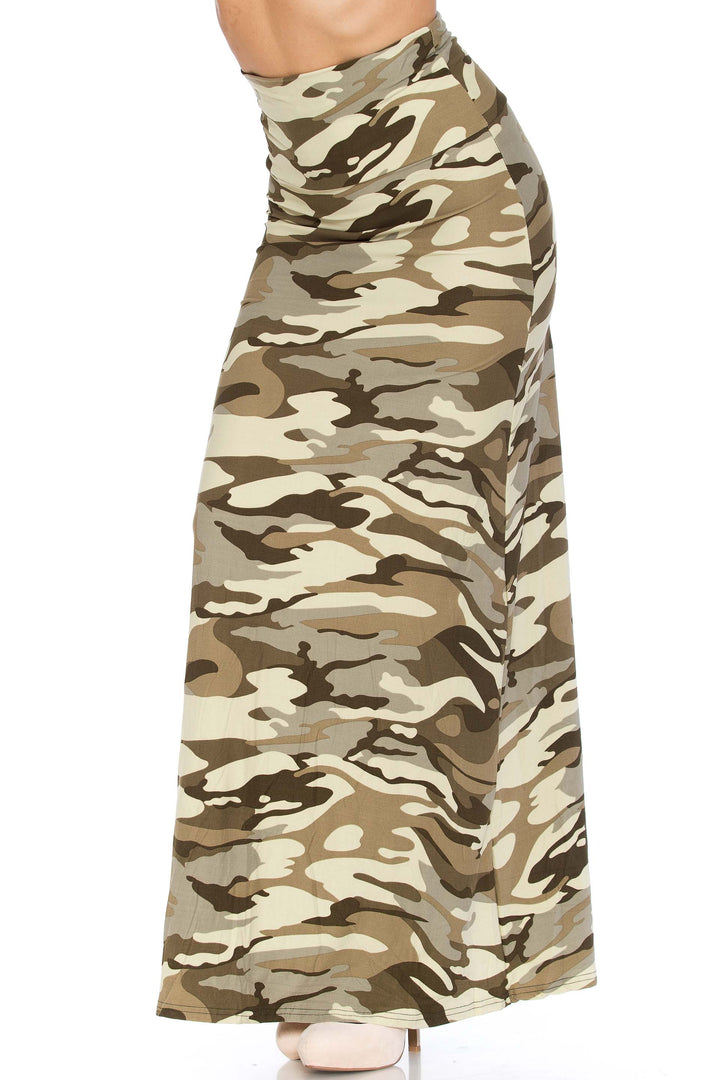 Wholesale Buttery Smooth Light Olive Camouflage Plus Size Maxi Skirt