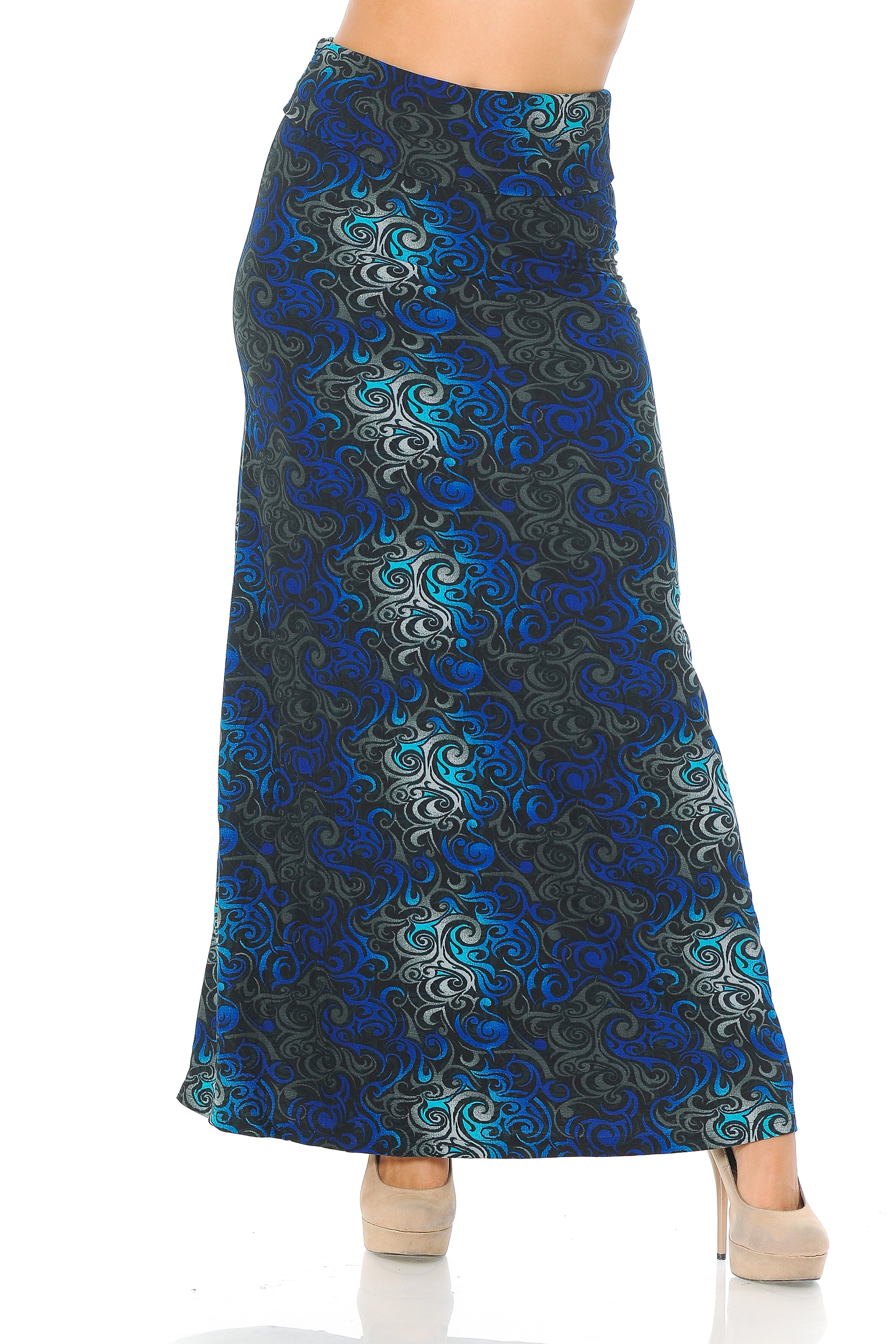 Wholesale Buttery Smooth Blue Tangled Swirl Maxi Skirt