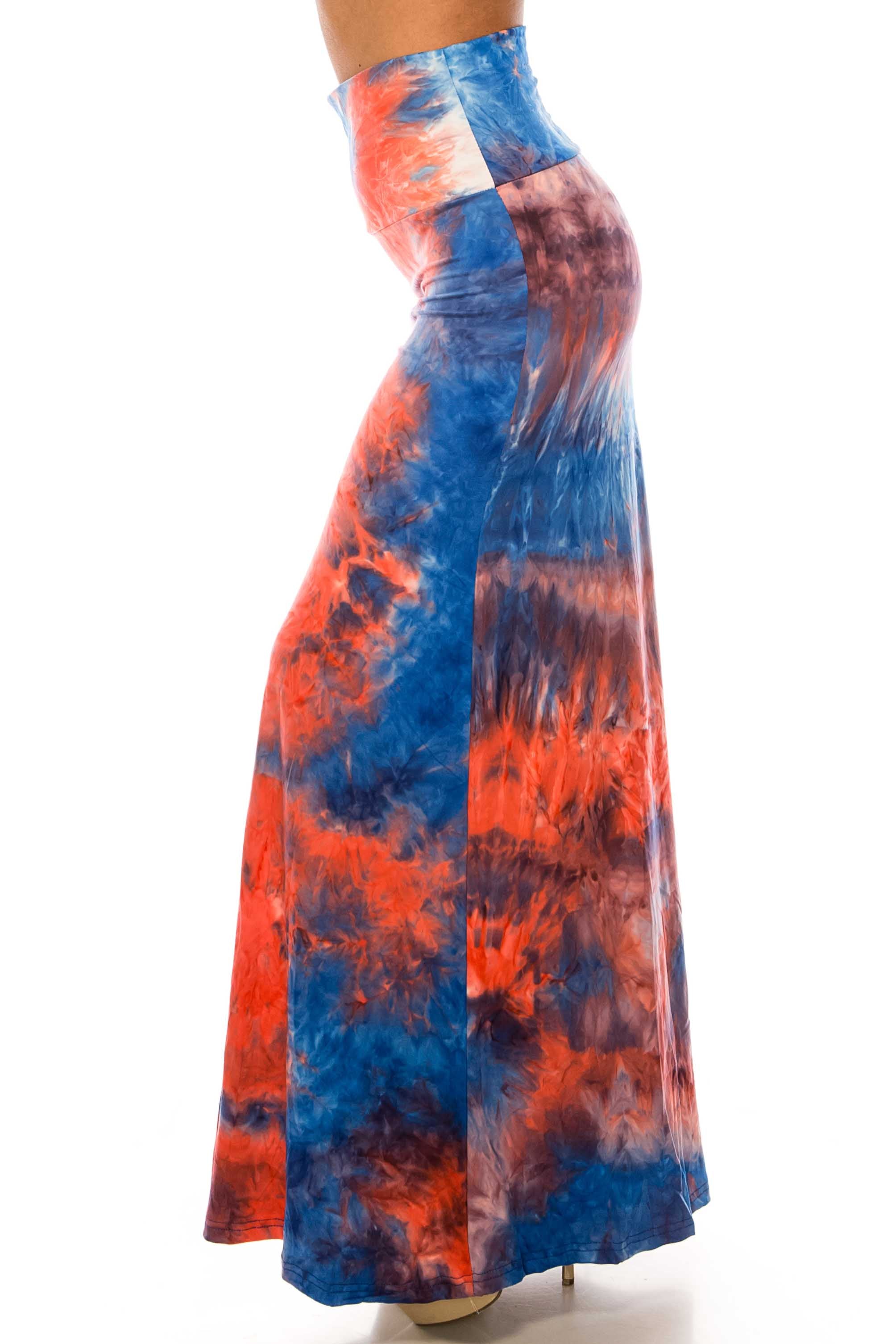 Wholesale Buttery Smooth Red and Blue Tie Dye Maxi Skirt