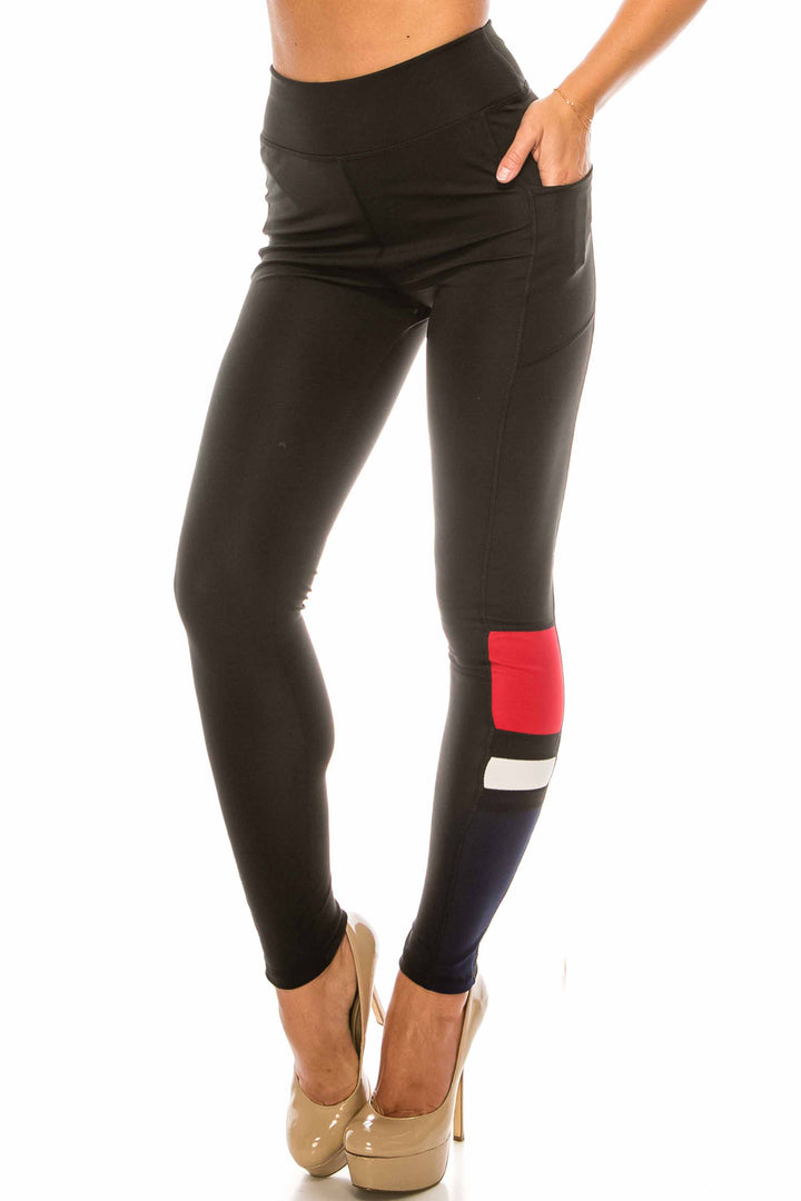 Wholesale Red Accent High Waisted Workout Leggings with Side Pocket