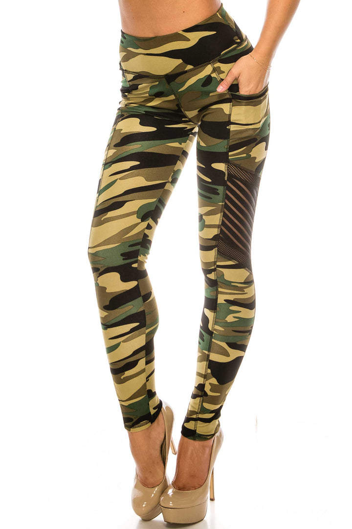 Wholesale Green Camouflage Serrated Mesh High Waisted Sport Leggings