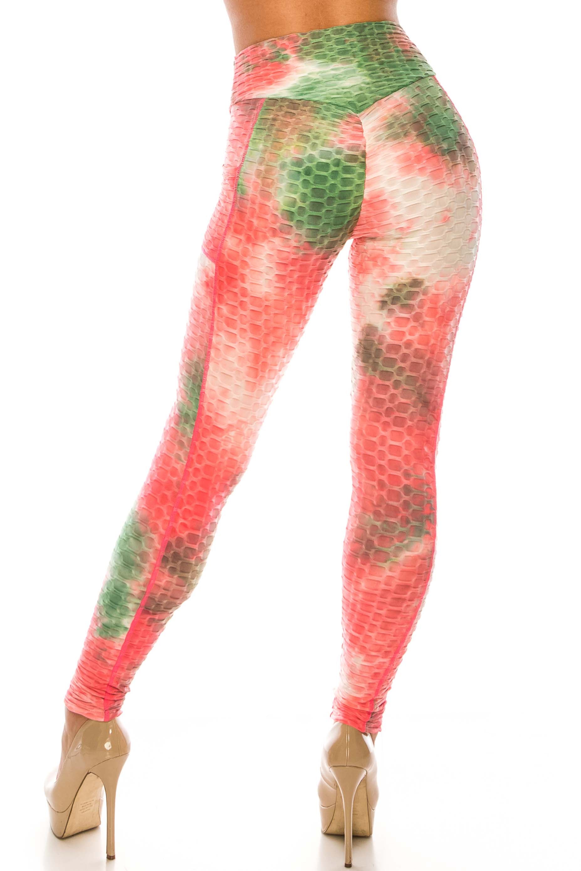 Wholesale Premium Coral Olive Tie Dye Scrunch Butt Workout Leggings with Side Pockets