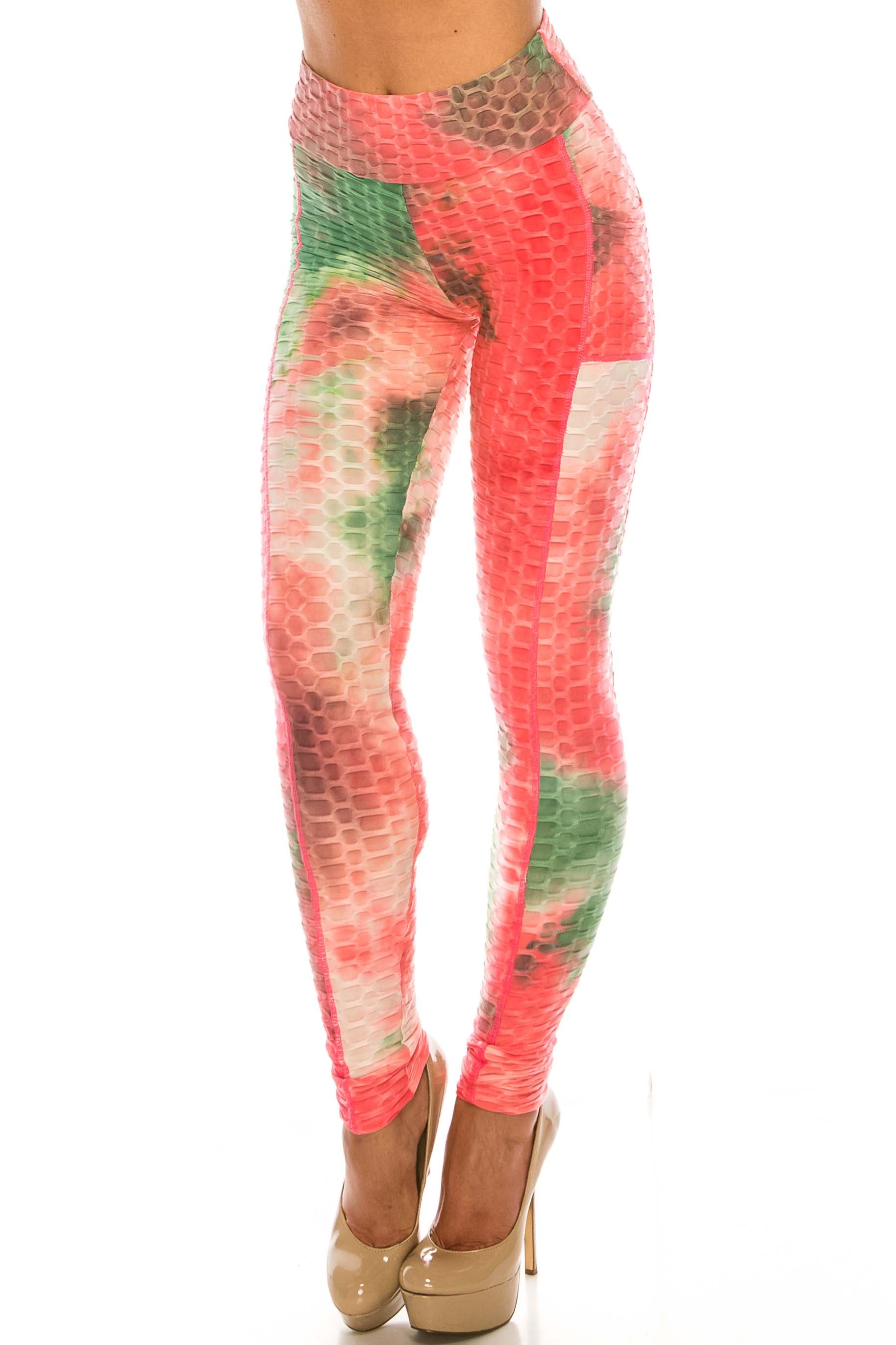 Wholesale Premium Coral Olive Tie Dye Scrunch Butt Workout Leggings with Side Pockets