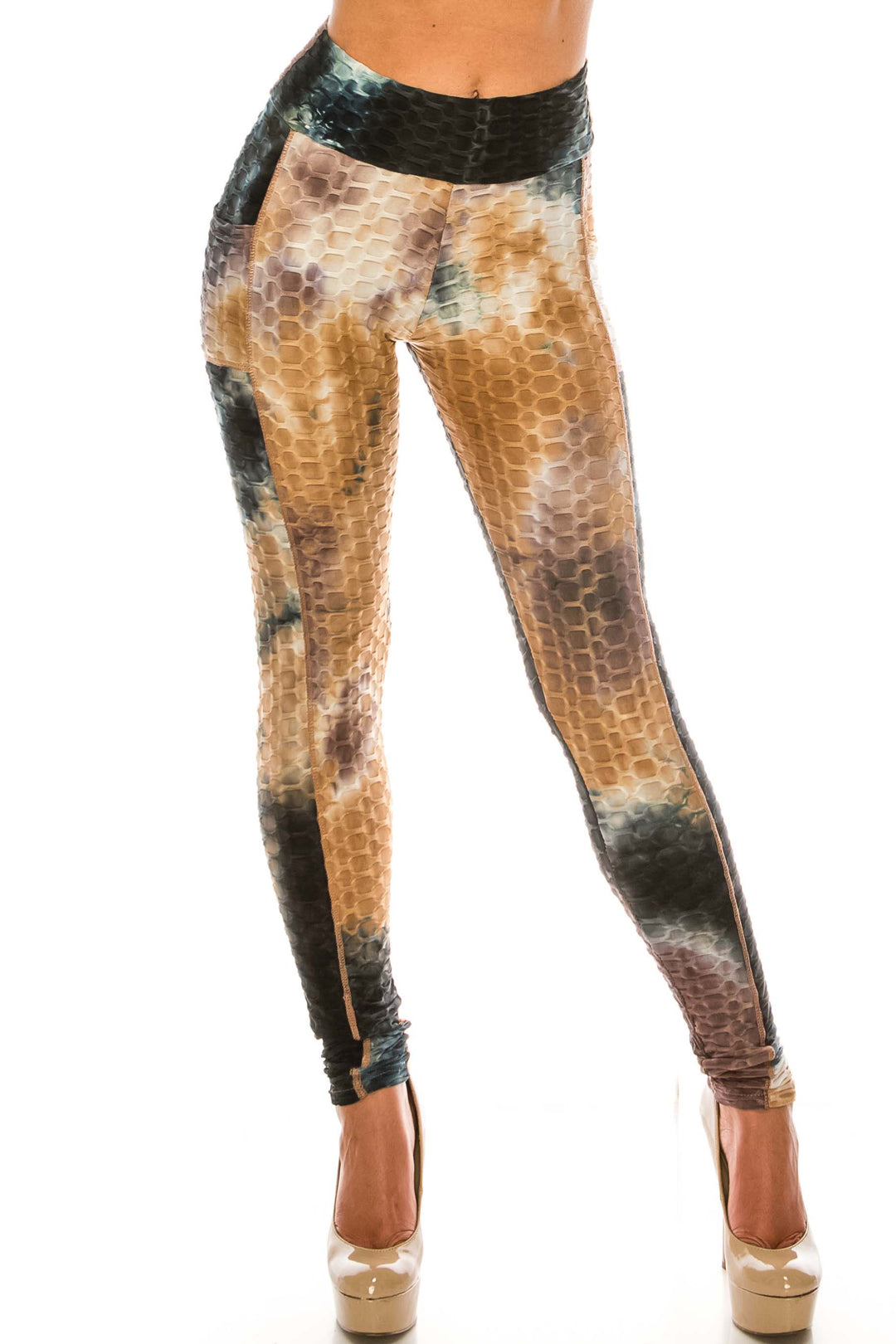 Wholesale Premium Earthen Mocha Tie Dye Scrunch Butt Workout Leggings with Side Pockets