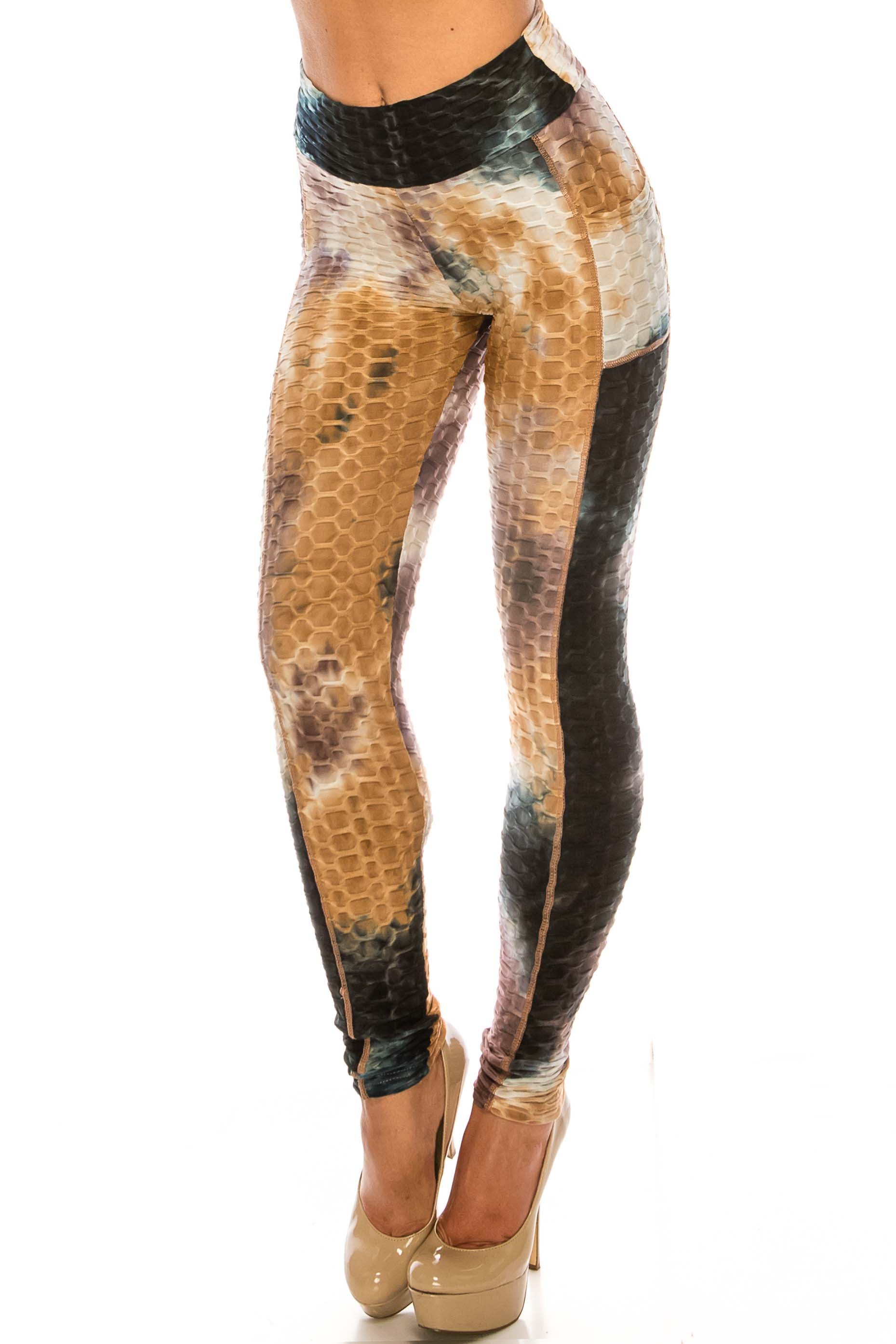 Wholesale Premium Earthen Mocha Tie Dye Scrunch Butt Workout Leggings with Side Pockets