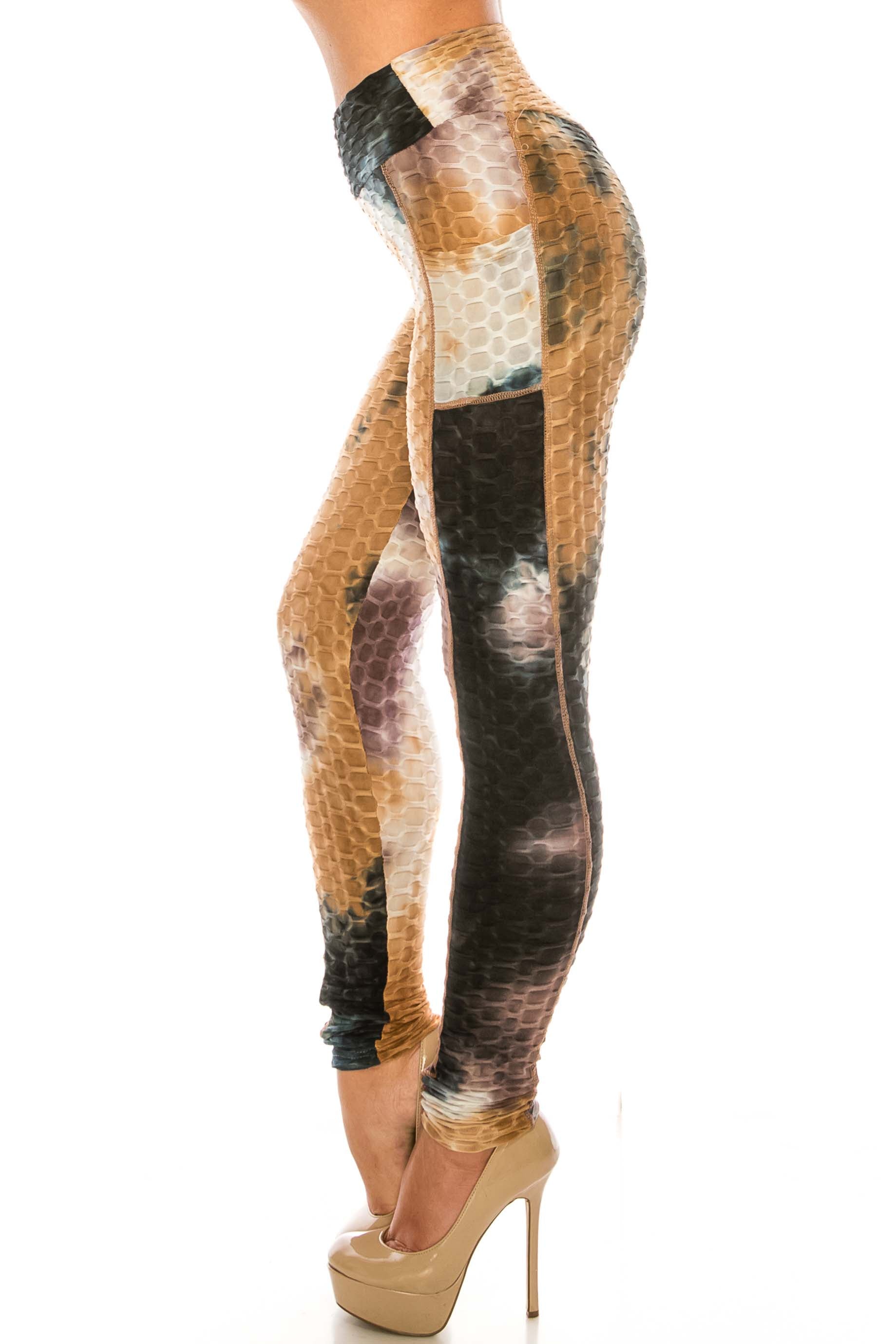 Wholesale Premium Earthen Mocha Tie Dye Scrunch Butt Workout Leggings with Side Pockets