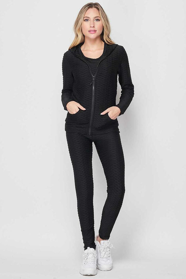 Wholesale 3 Piece Scrunch Butt Leggings Tank Top and Hooded Jacket Set