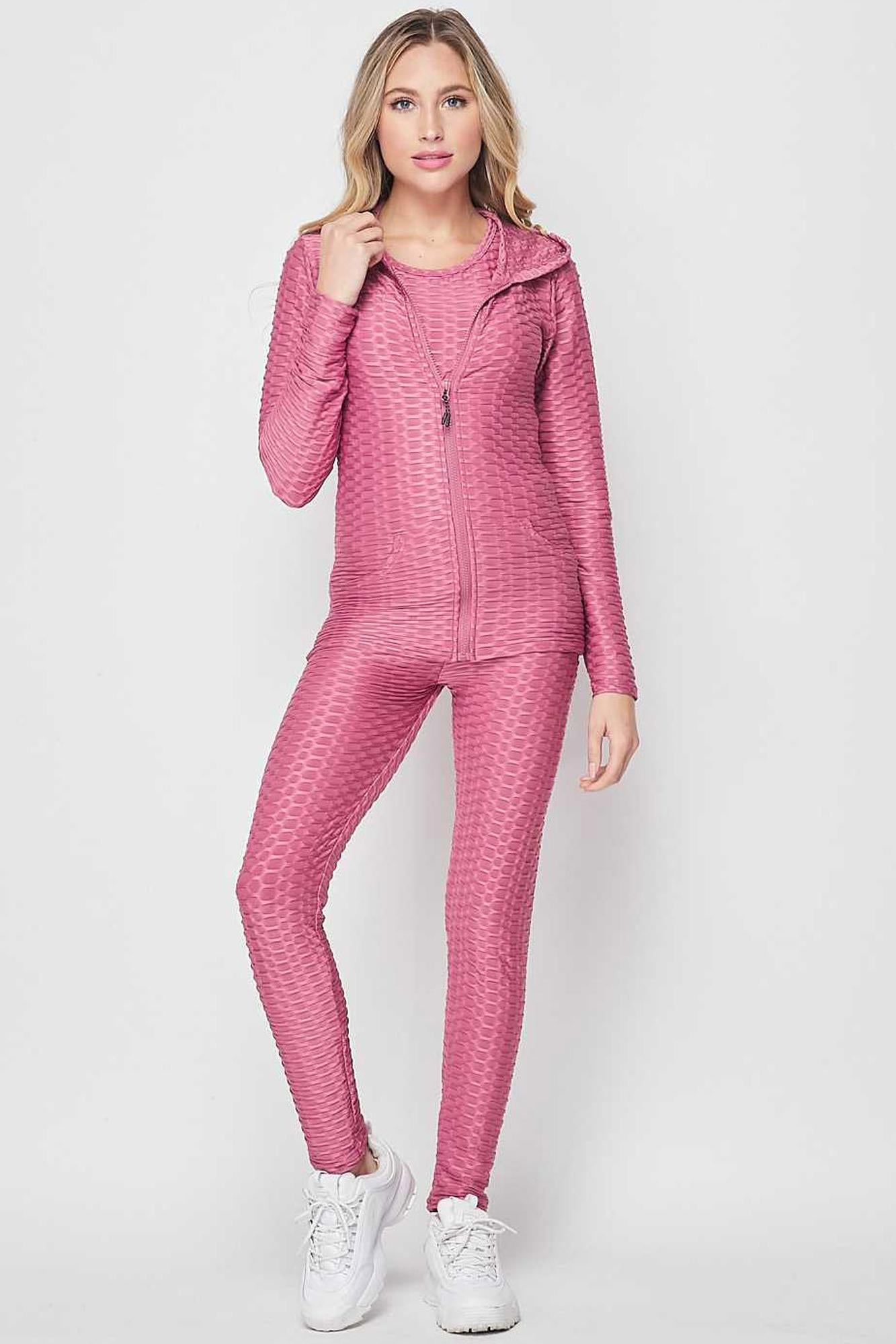 Wholesale 3 Piece Scrunch Butt Leggings Tank Top and Hooded Jacket Set