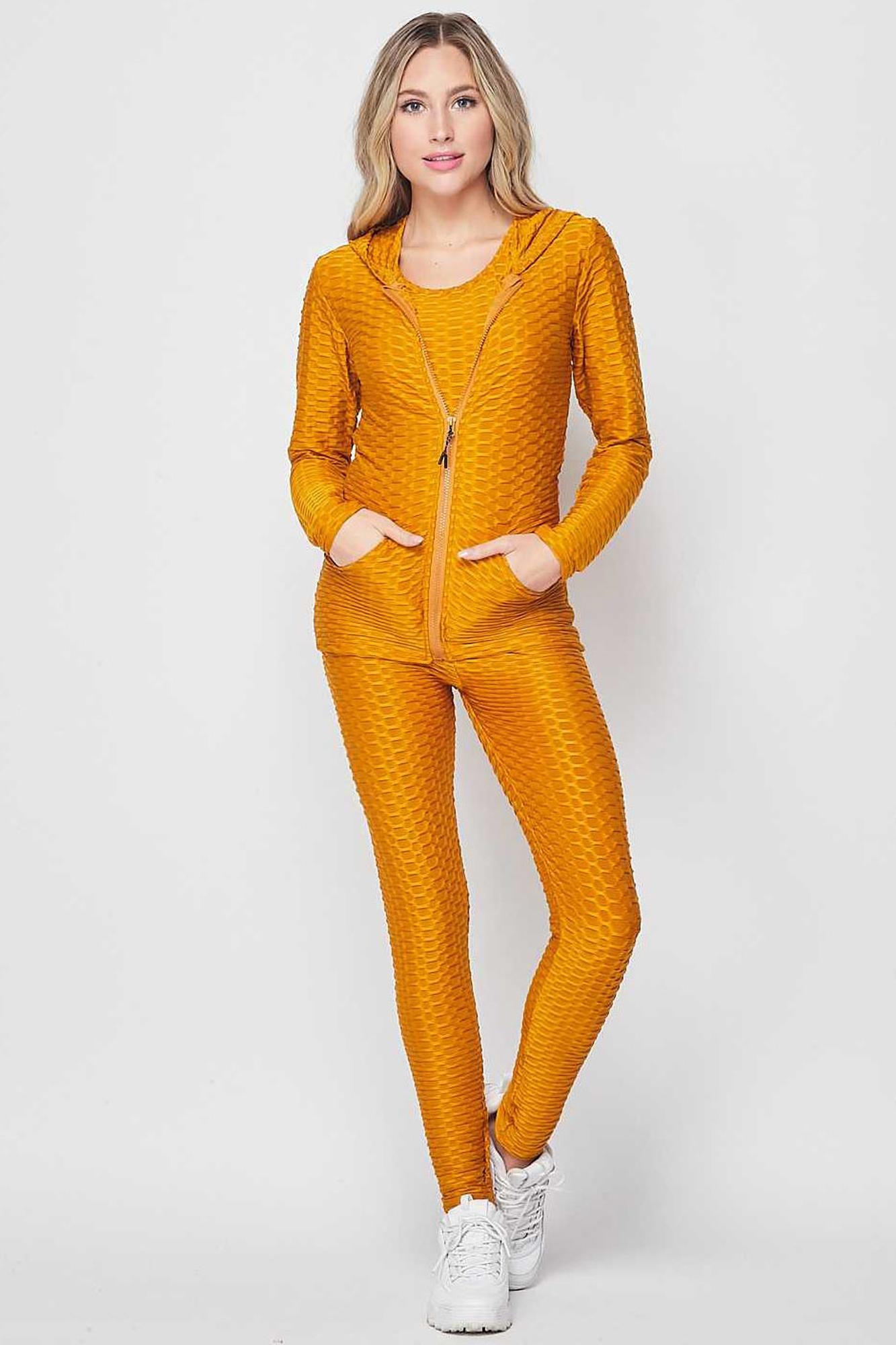 Wholesale 3 Piece Scrunch Butt Leggings Tank Top and Hooded Jacket Set