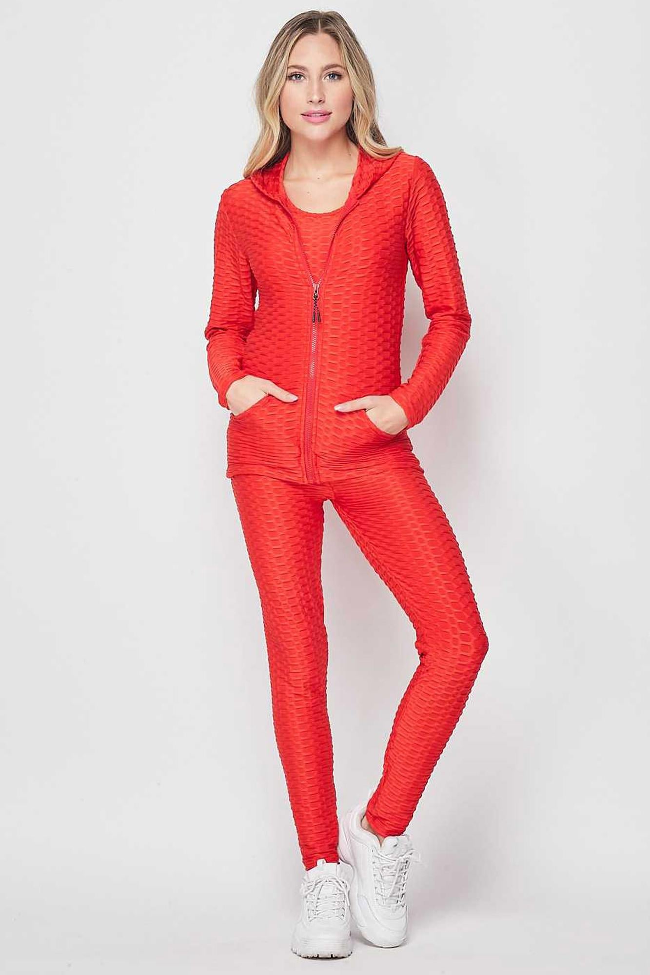 Wholesale 3 Piece Scrunch Butt Leggings Tank Top and Hooded Jacket Set