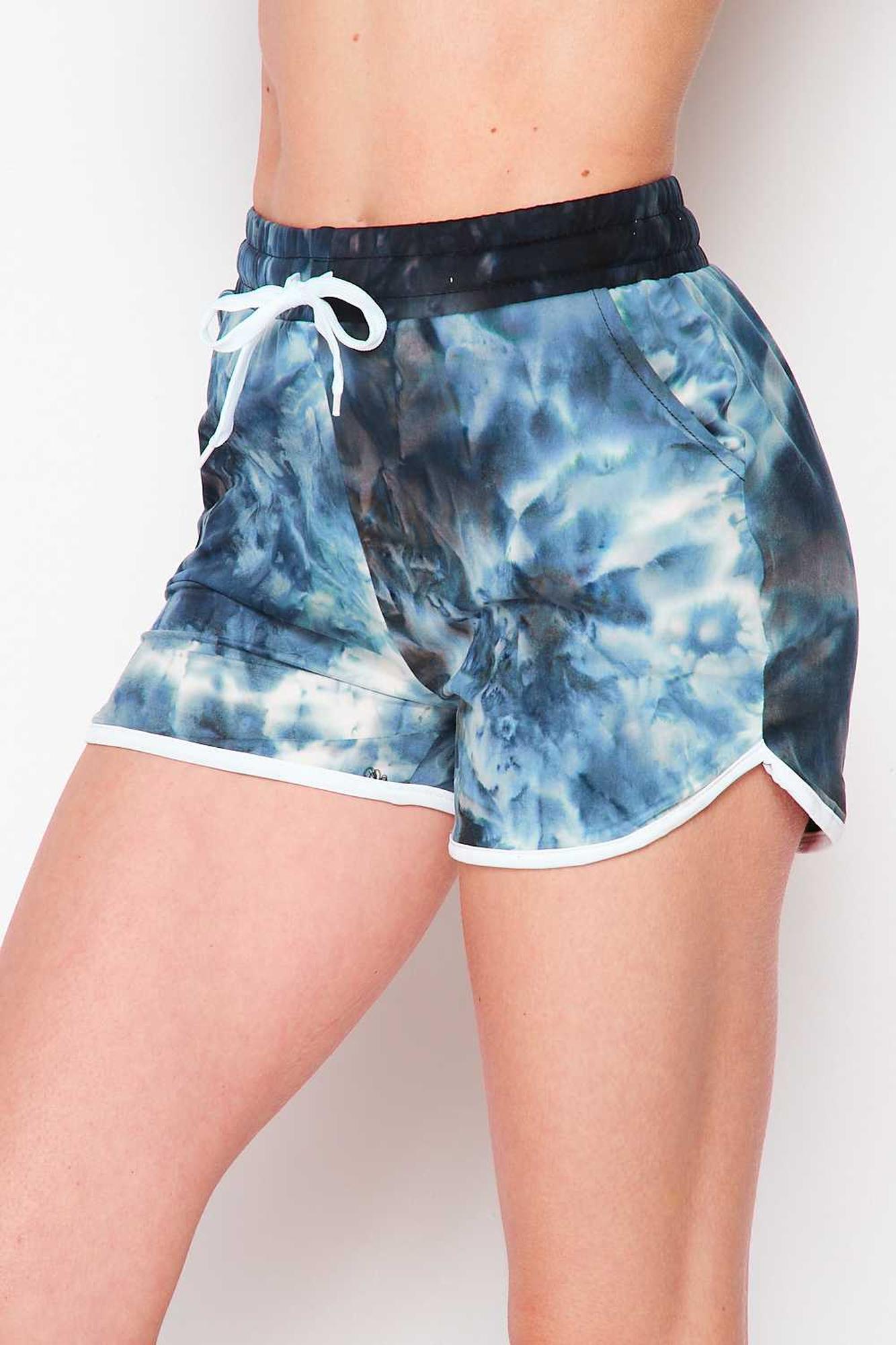 Wholesale Buttery Smooth Navy Tie Dye Drawstring Waist Dolphin Shorts with Pockets