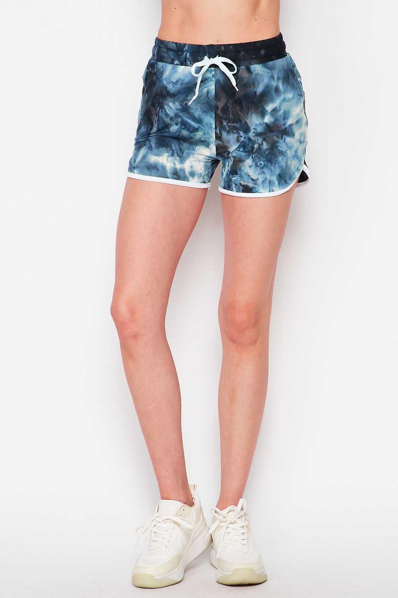 Wholesale Buttery Smooth Navy Tie Dye Drawstring Waist Dolphin Shorts with Pockets