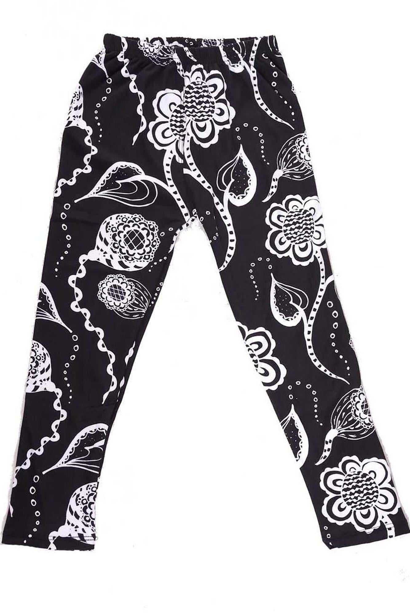 Wholesale Buttery Soft Black and White Elegant Floral Kids Leggings