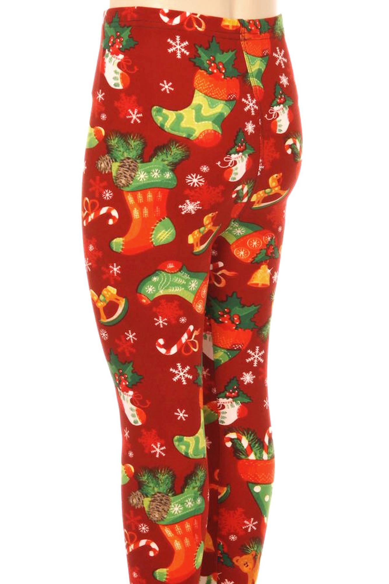 Wholesale Buttery Soft Ruby Red Christmas Stocking Kids Leggings