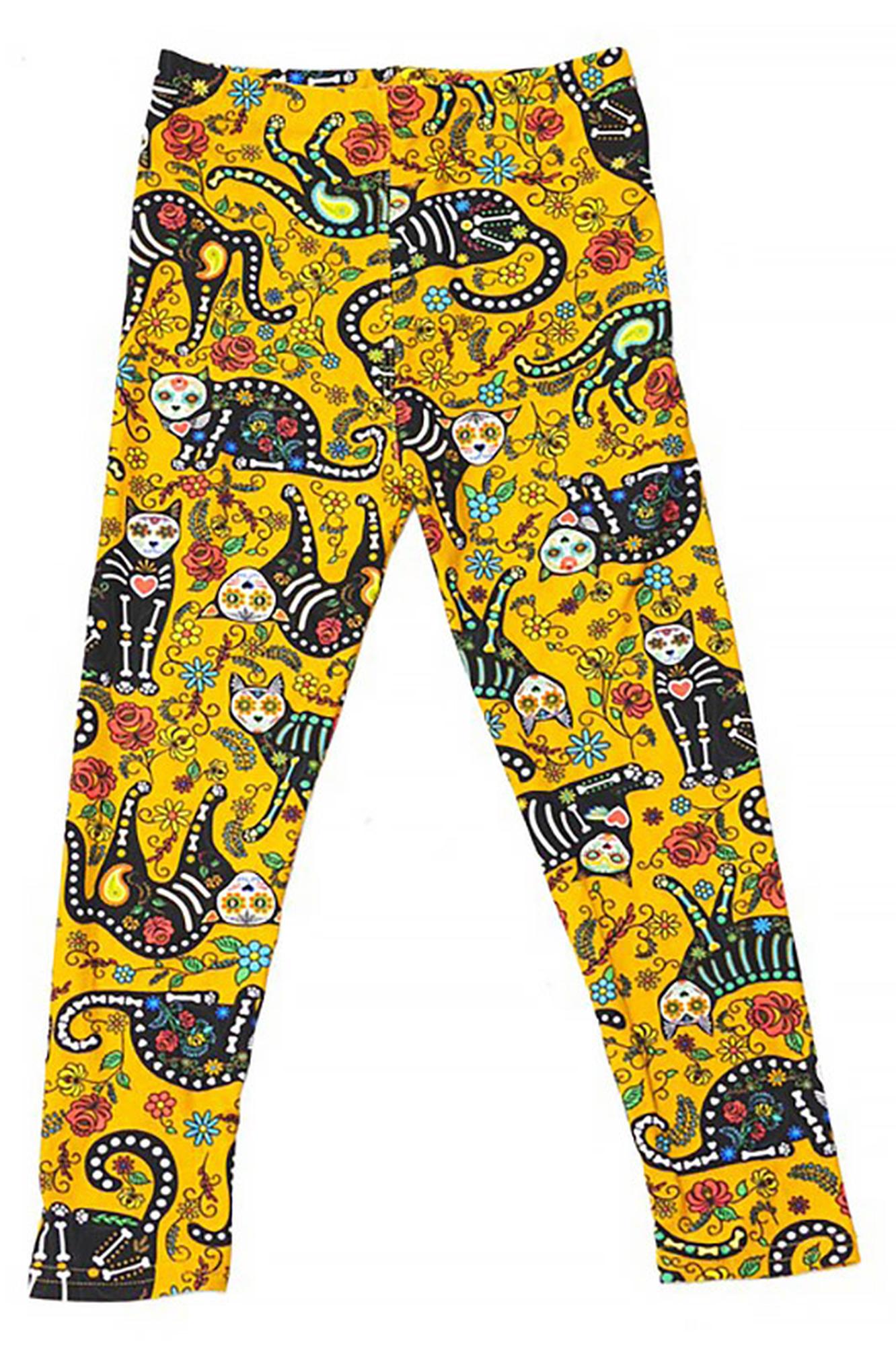 Wholesale Buttery Soft Kitty Cat Mustard Sugar Skull Kids Leggings