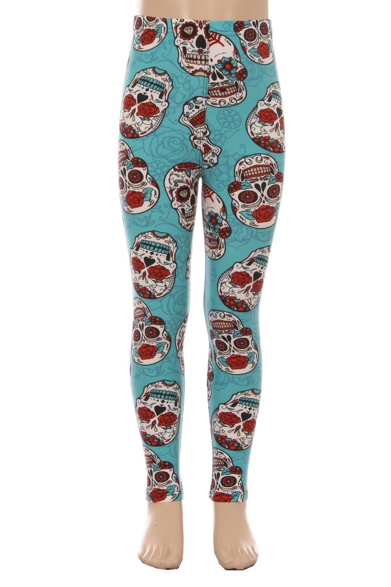 Wholesale Buttery Soft Teal Sugar Skull Kid's Leggings