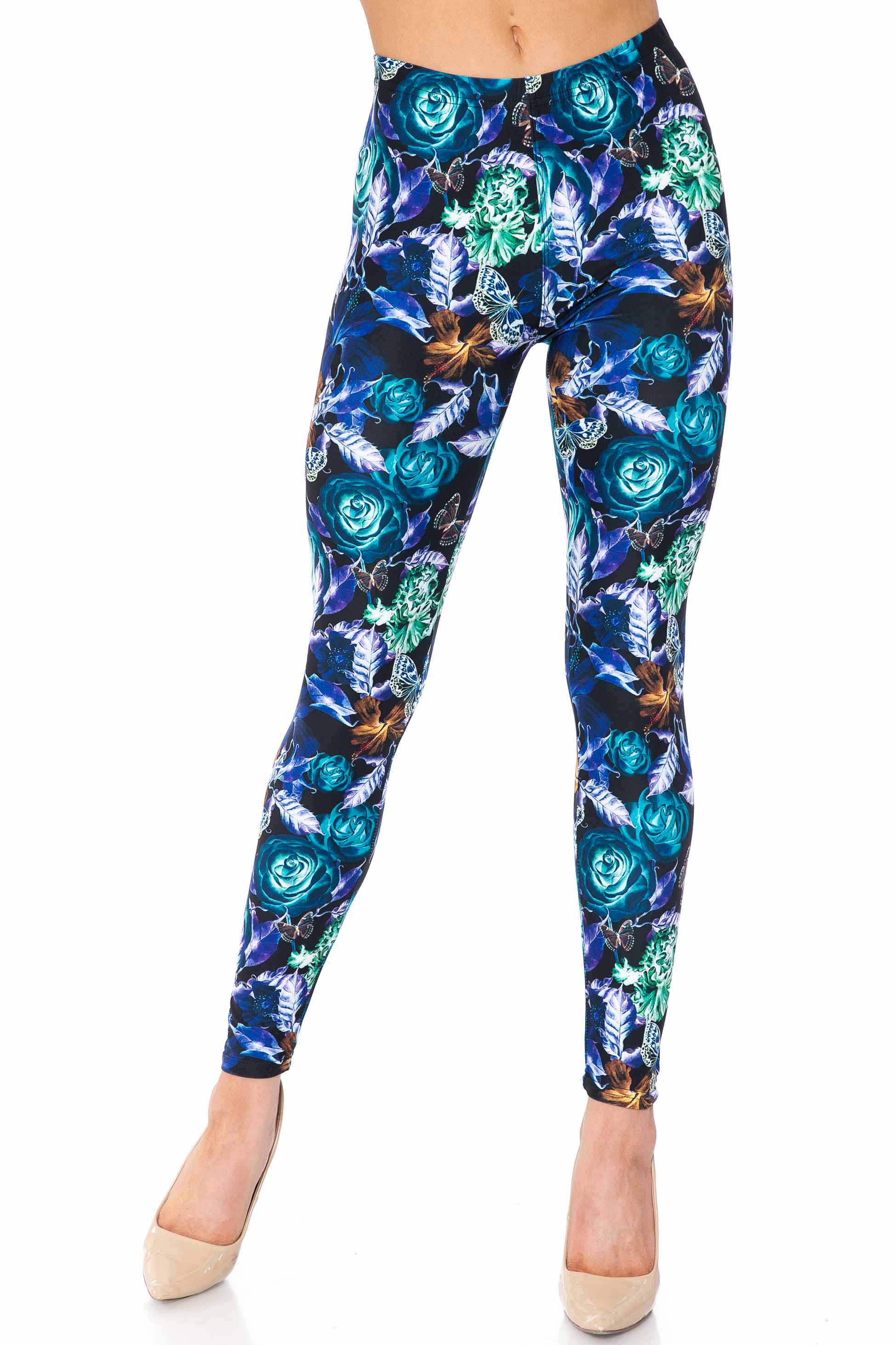 Wholesale Creamy Soft Electric Blue Floral Butterfly Kids Leggings - USA Fashion