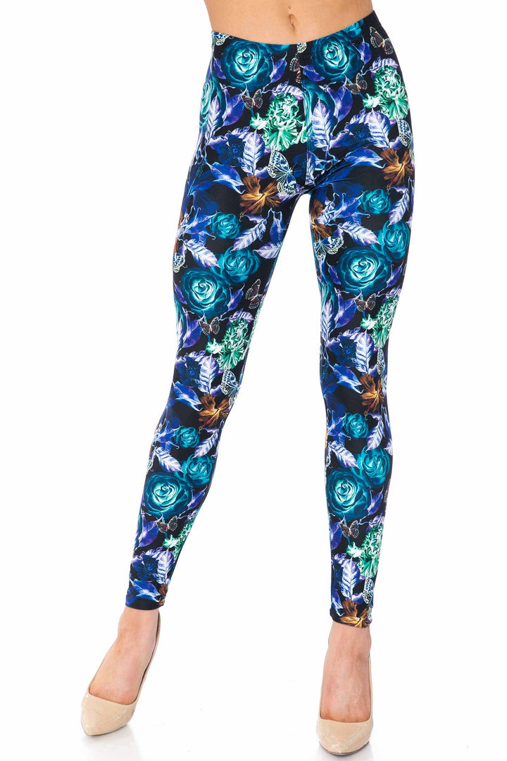 Wholesale Creamy Soft Electric Blue Floral Butterfly Kids Leggings - USA Fashion