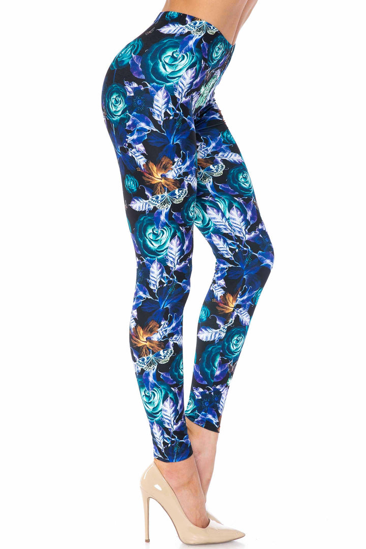 Wholesale Creamy Soft Electric Blue Floral Butterfly Kids Leggings - USA Fashion