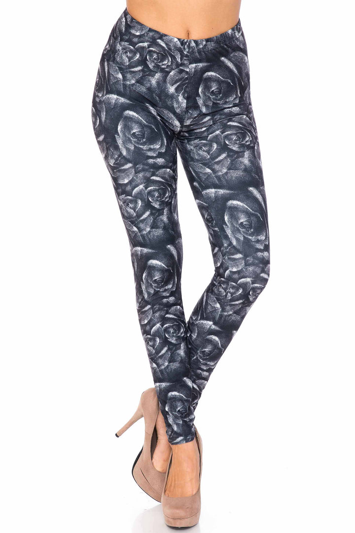 Wholesale Creamy Soft Monochrome Rose Floral Kids Leggings - USA Fashion