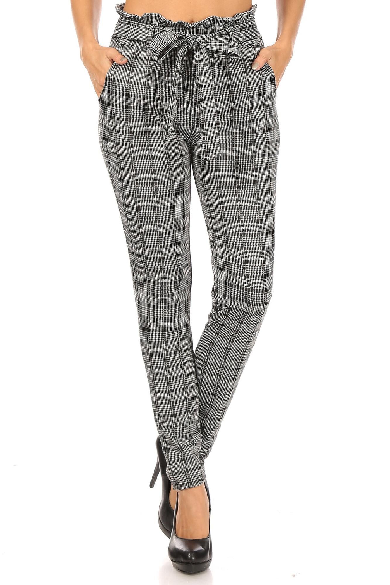 Wholesale Glen Plaid High Waisted Paper Bag Tie Front Pants