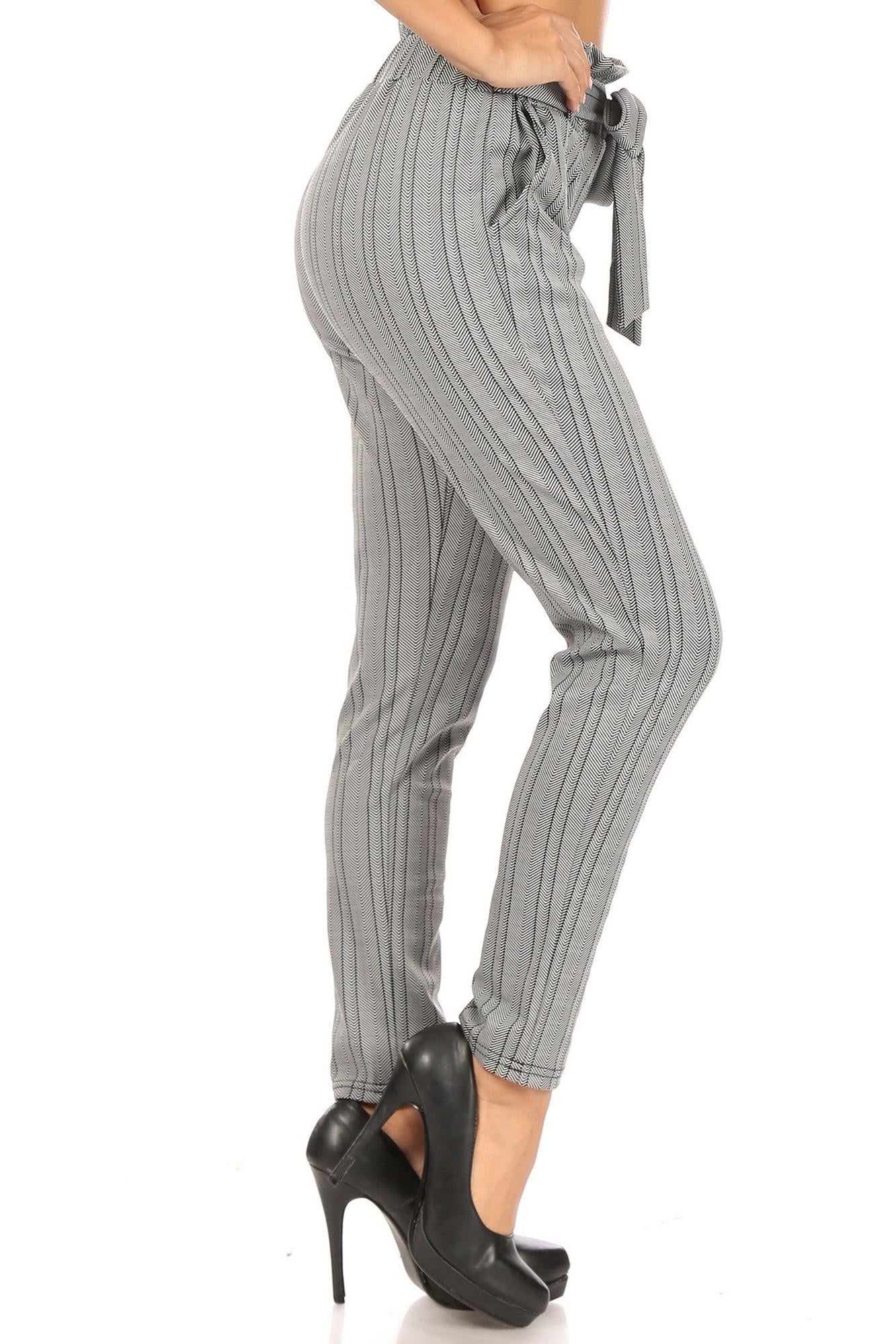 Wholesale Striped Chevron High Waisted Paper Bag Tie Front Pants