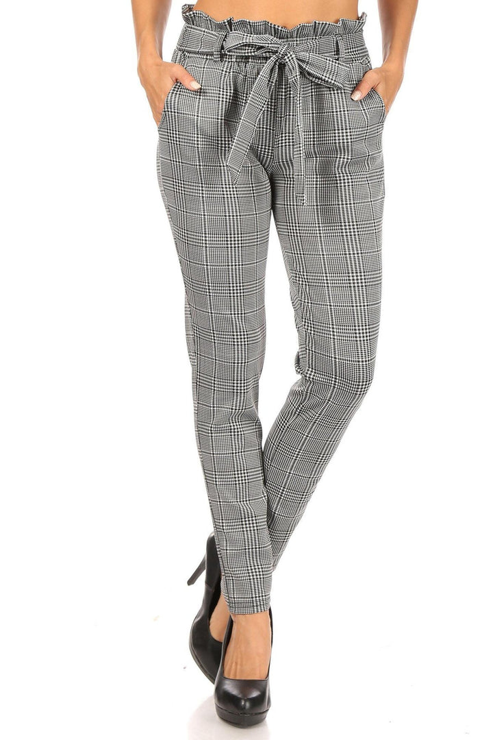 Wholesale Houndstooth Plaid High Waisted Paper Bag Tie Front Pants