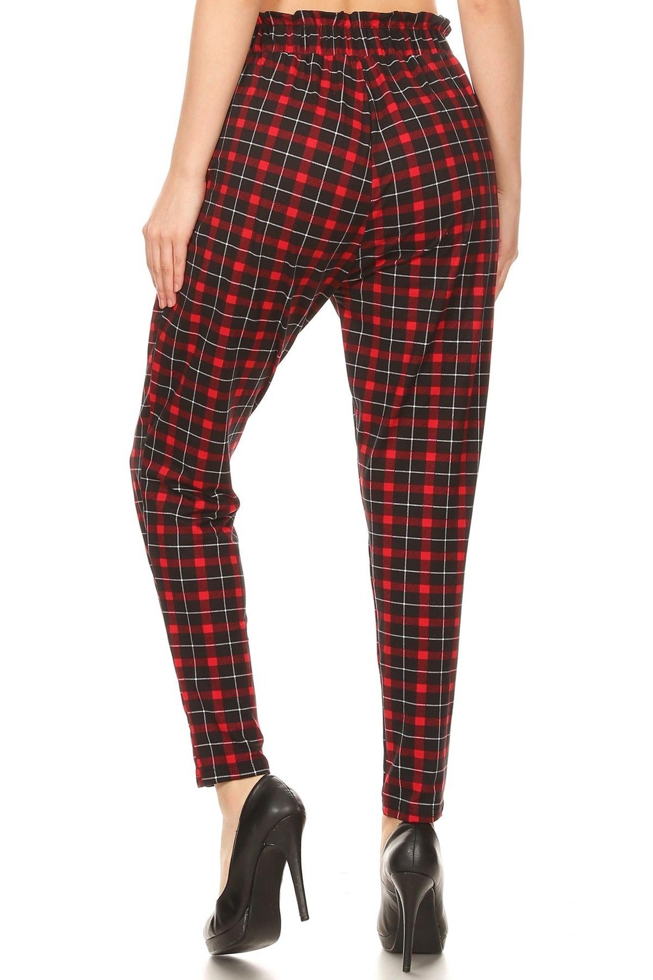 Wholesale Red Plaid High Waisted Paper Bag Tie Front Pants