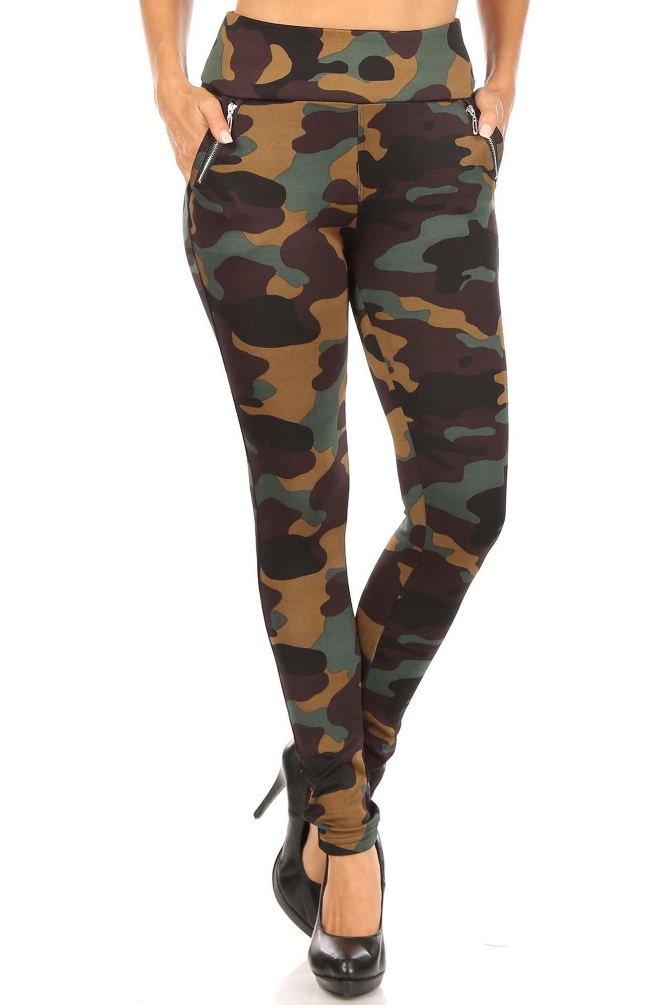 Wholesale Brown Camouflage High Waisted Treggings with Zipper Accent Pockets