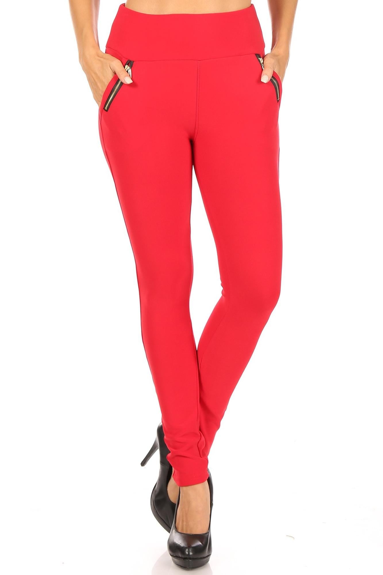 Wholesale Red High Waisted Treggings with Zipper Accent Pockets