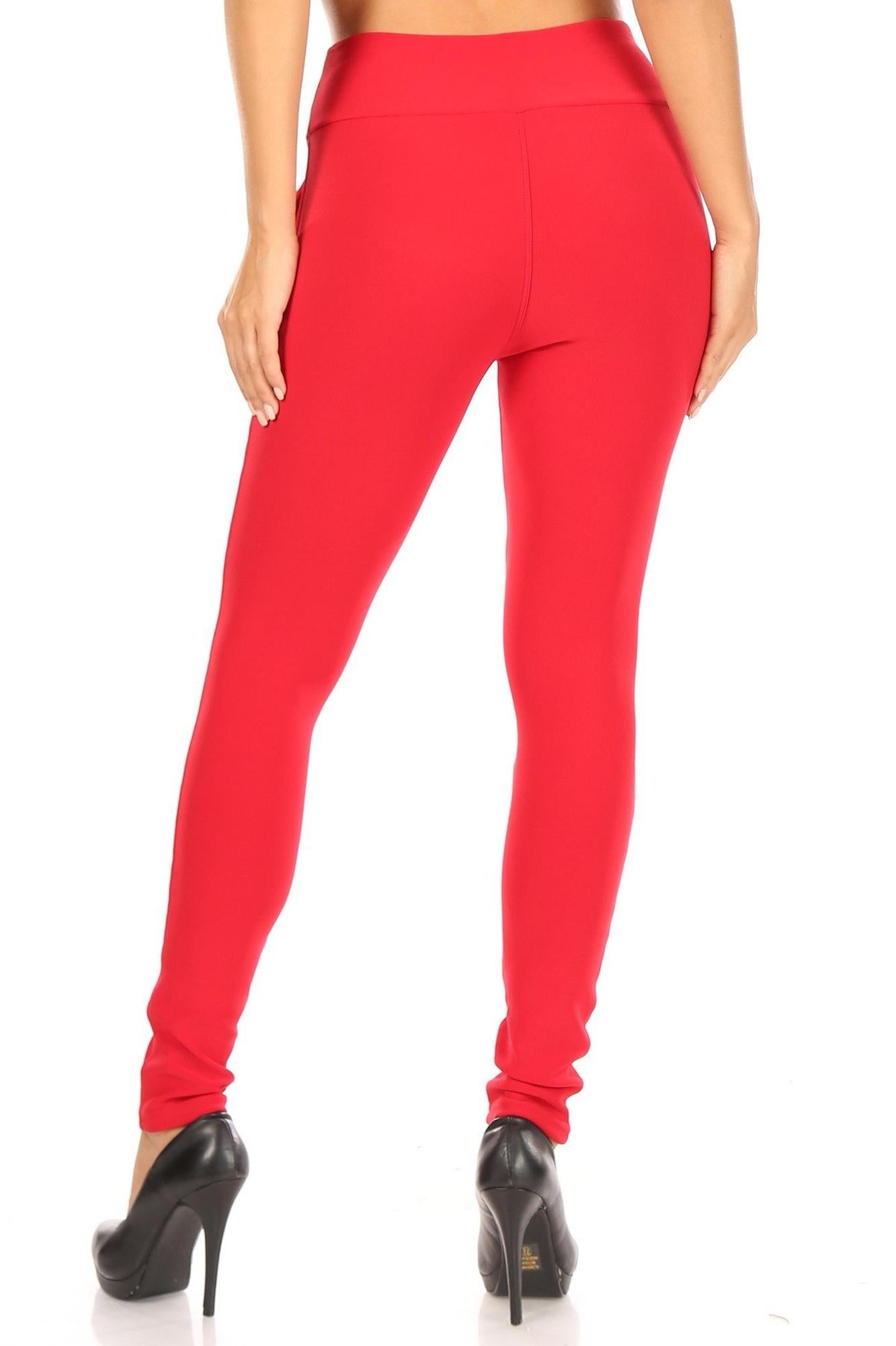 Wholesale Red High Waisted Treggings with Zipper Accent Pockets