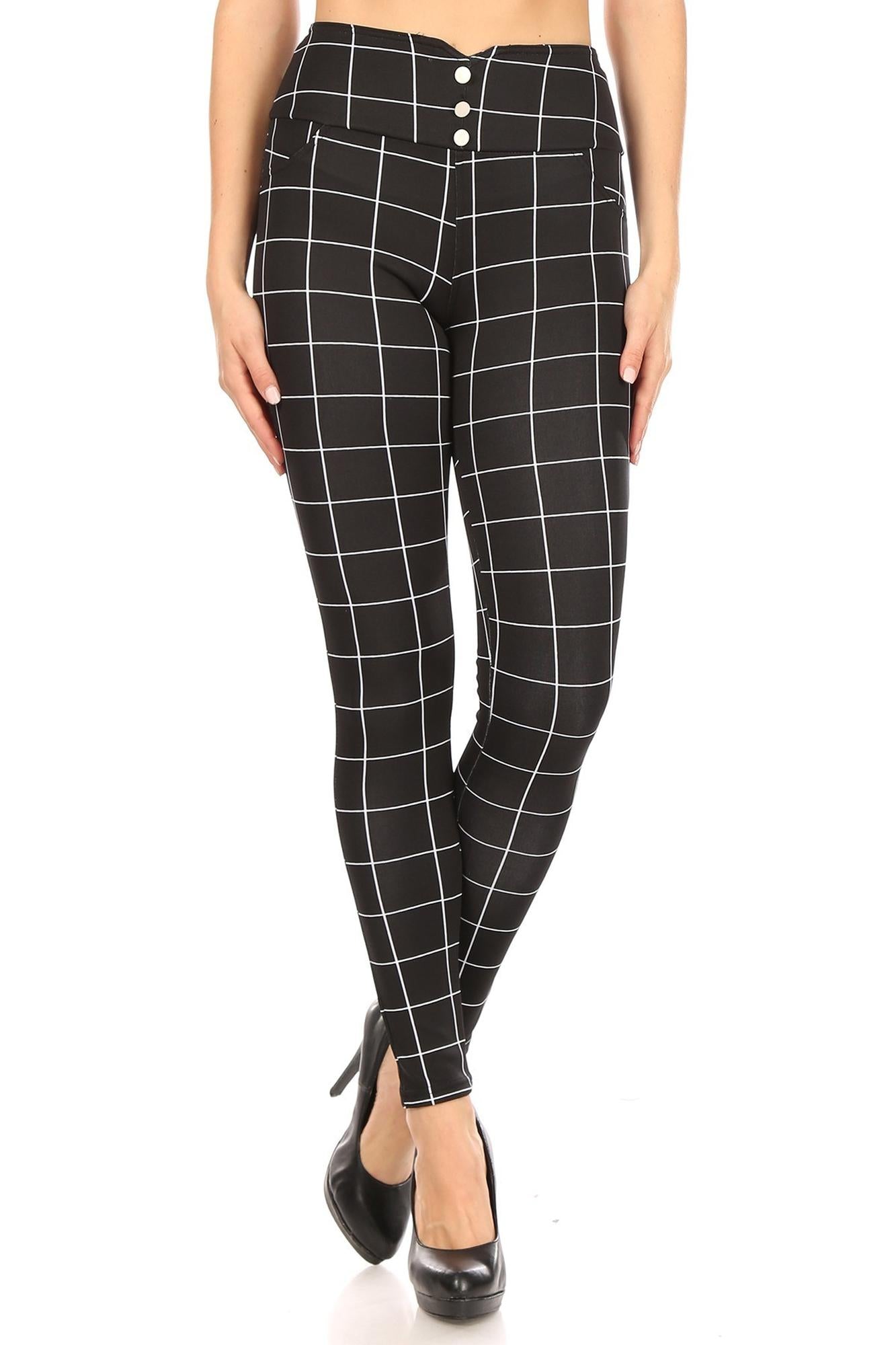 Wholesale Black and White Grid Print High Waisted Treggings with Button Front