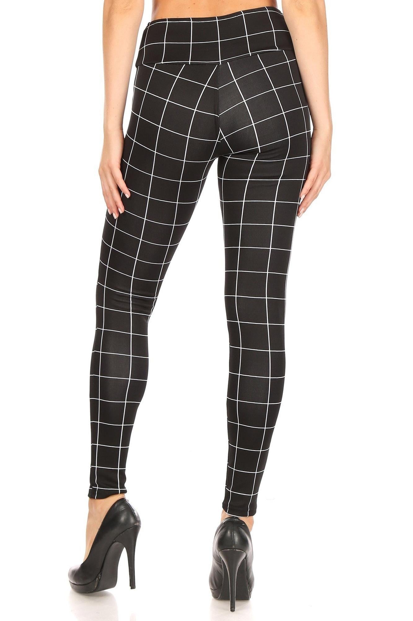 Wholesale Black and White Grid Print High Waisted Treggings with Button Front