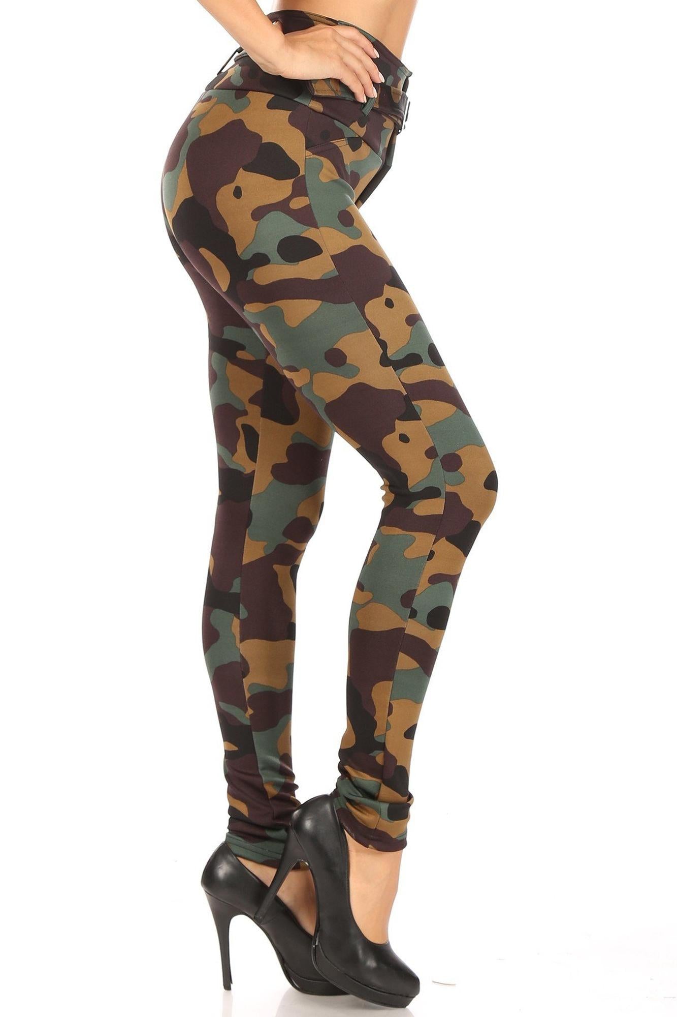Wholesale Brown Camouflage High Waist Belted Treggings