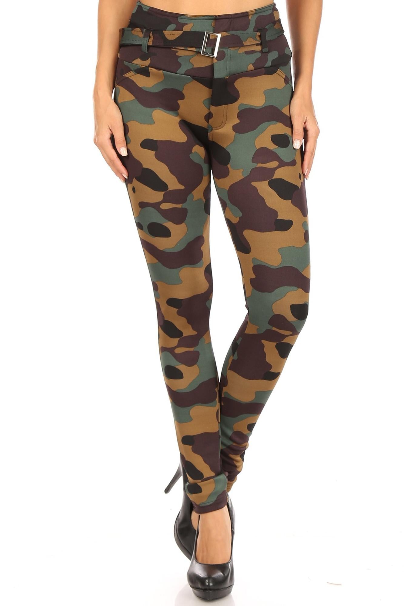 Wholesale Brown Camouflage High Waist Belted Treggings