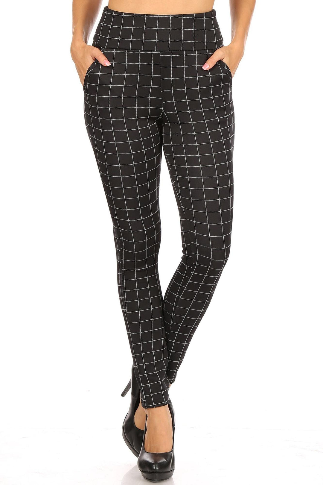 Wholesale Black and White Grid Print High Waisted Body Sculpting Treggings with Pockets