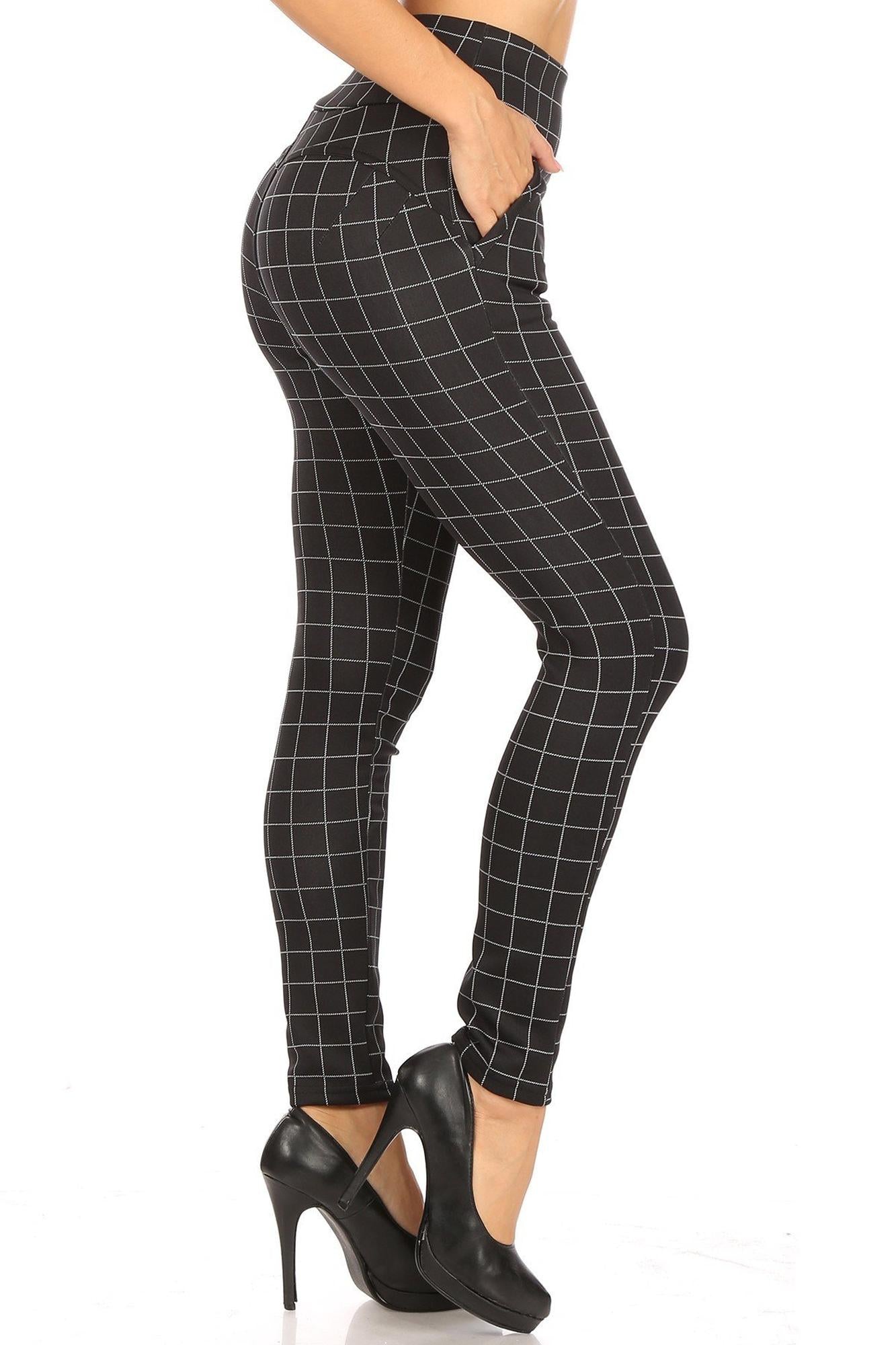 Wholesale Black and White Grid Print High Waisted Body Sculpting Treggings with Pockets