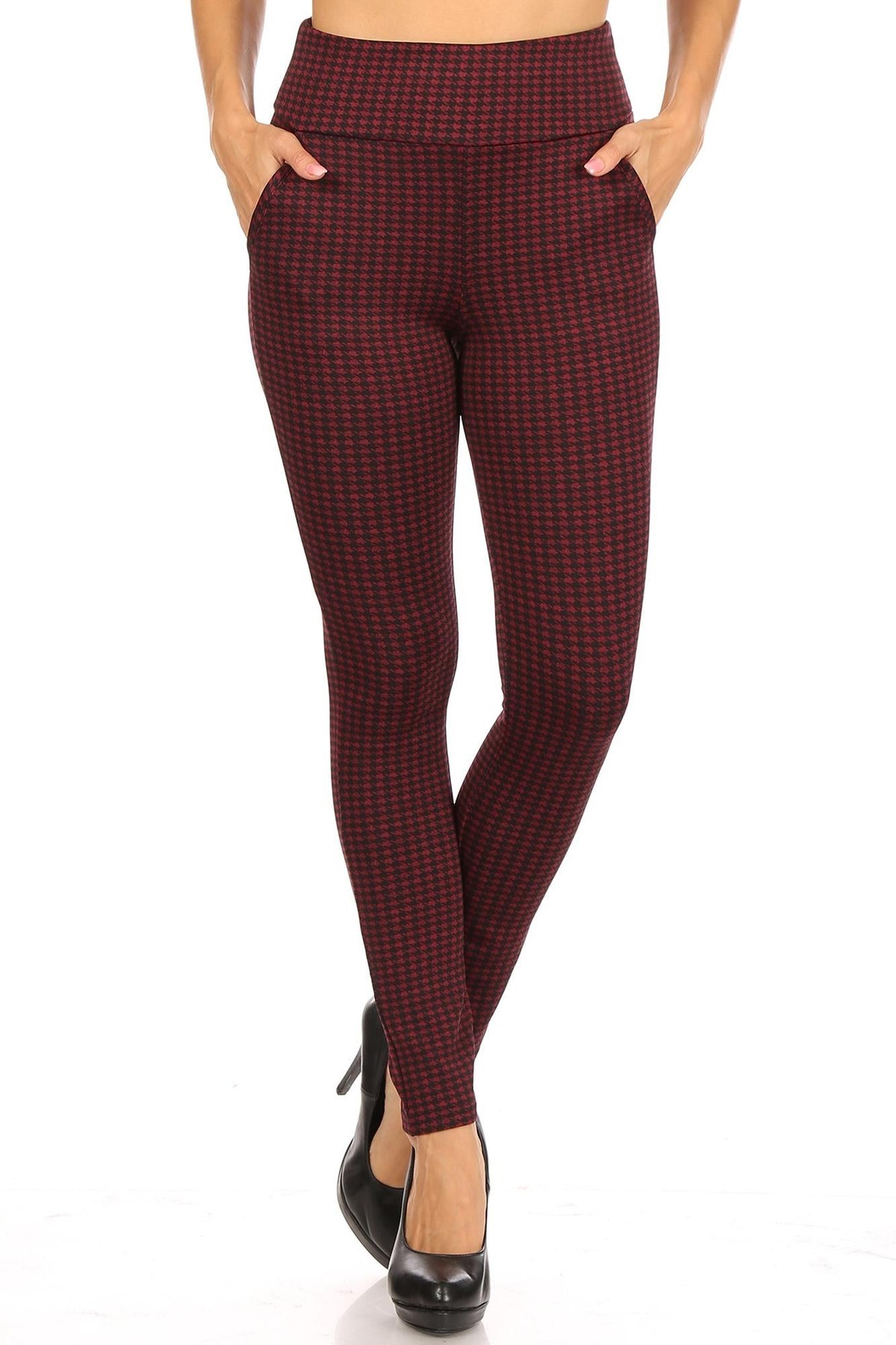 Wholesale Burgundy Houndstooth High Waisted Body Sculpting Treggings with Pockets