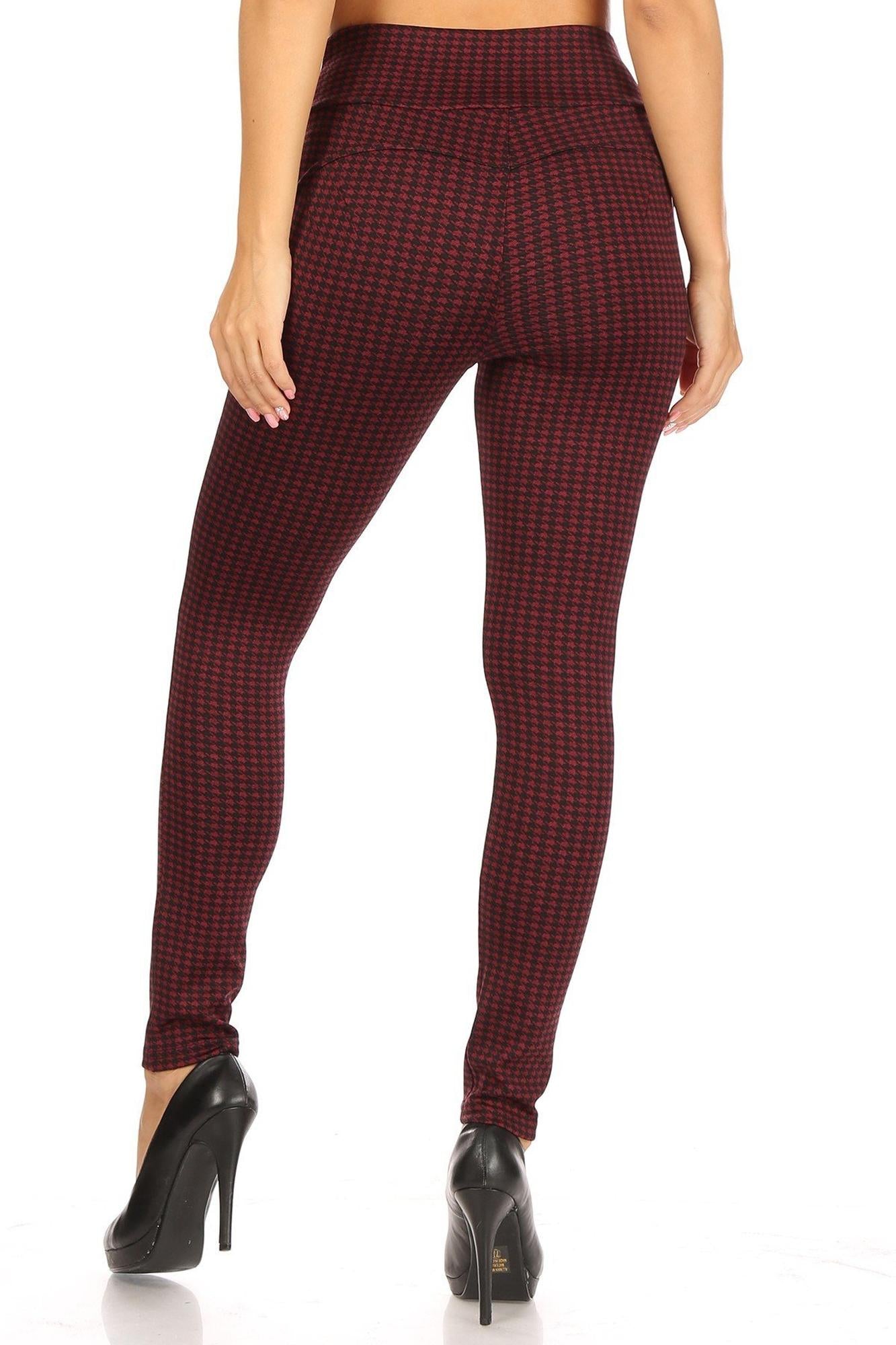 Wholesale Burgundy Houndstooth High Waisted Body Sculpting Treggings with Pockets