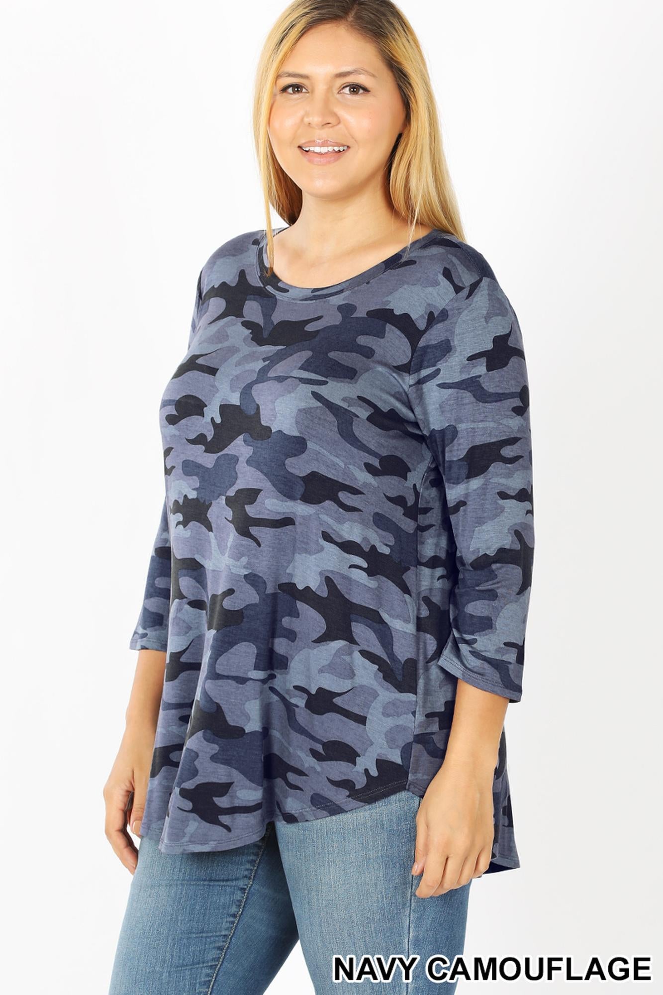 Wholesale Rayon Camouflage 3/4 Sleeve Round Neck & Hem Plus Size Top
