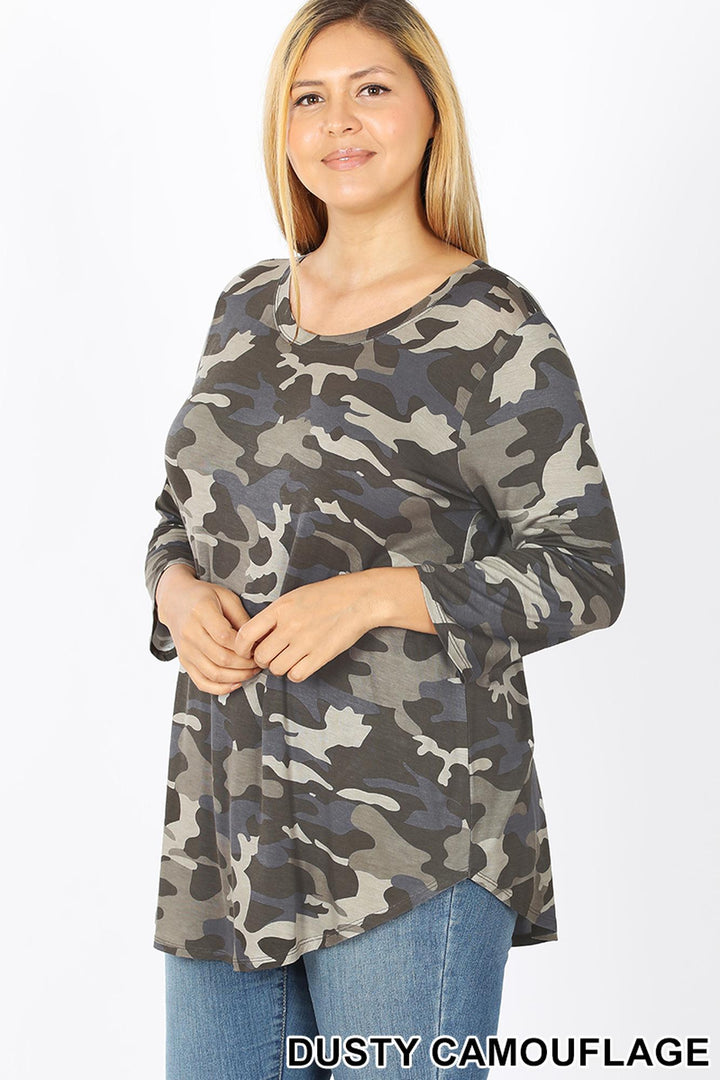 Wholesale Rayon Camouflage 3/4 Sleeve Round Neck & Hem Plus Size Top