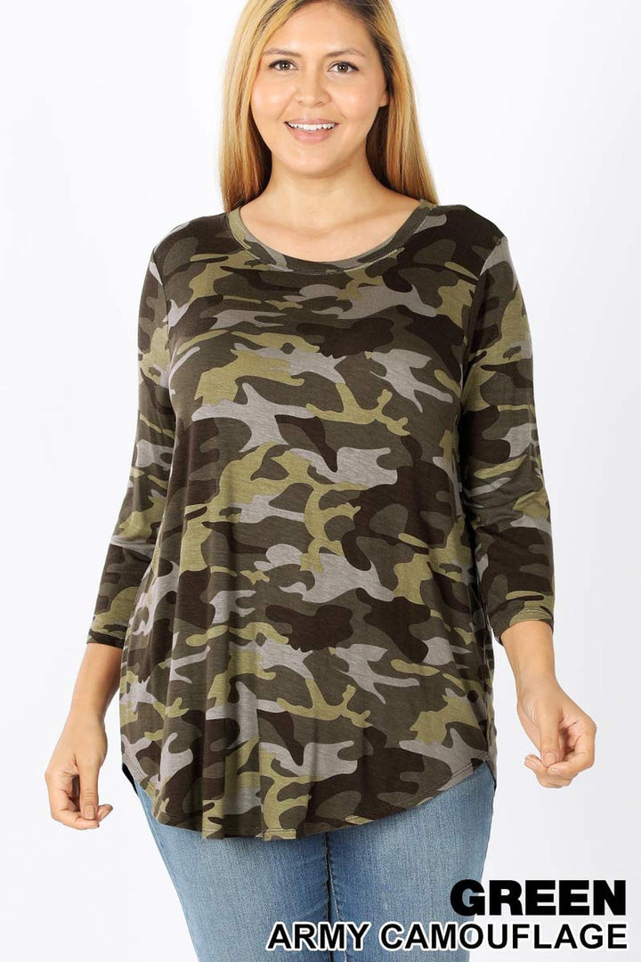 Wholesale Rayon Camouflage 3/4 Sleeve Round Neck & Hem Plus Size Top