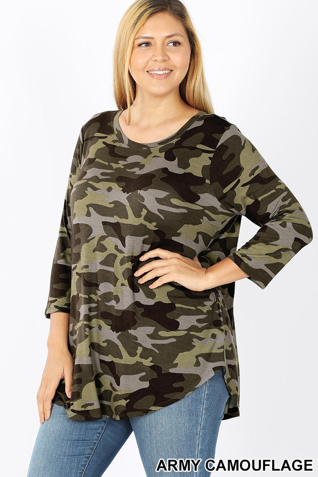 Wholesale Rayon Camouflage 3/4 Sleeve Round Neck & Hem Plus Size Top