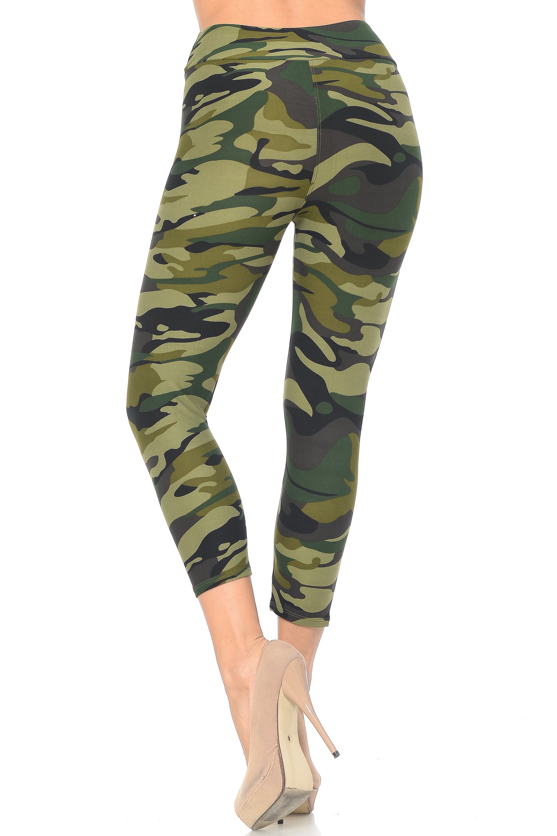 Wholesale Buttery Smooth Green Camouflage High Waisted Plus Size Capri - EEVEE