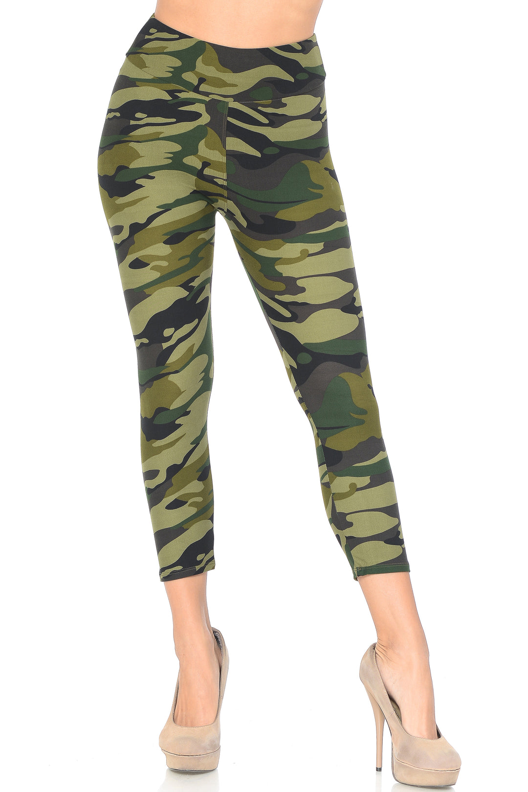 Wholesale Buttery Smooth Green Camouflage High Waisted Plus Size Capri - EEVEE