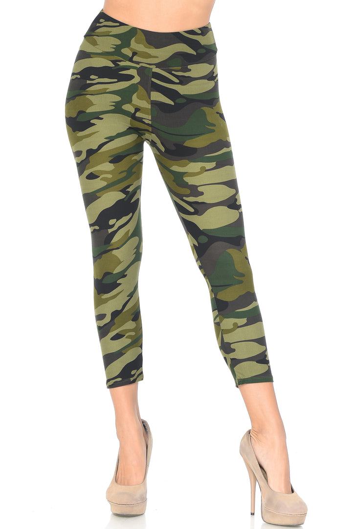 Wholesale Buttery Smooth Green Camouflage High Waisted Plus Size Capri - EEVEE