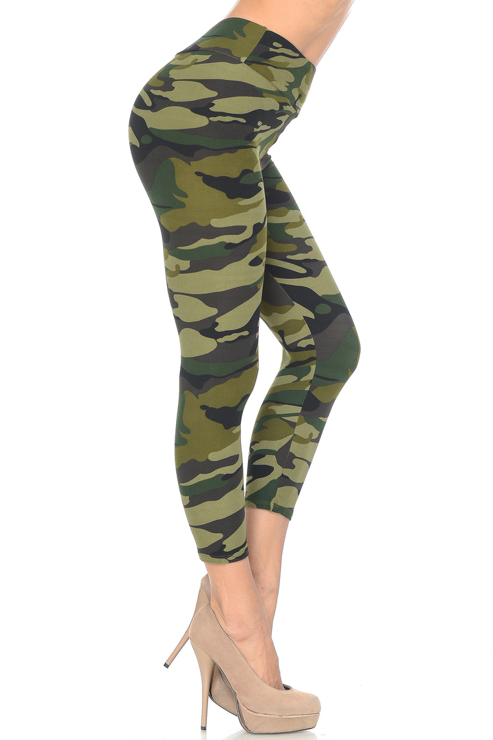 Wholesale Buttery Smooth Green Camouflage High Waisted Plus Size Capri - EEVEE