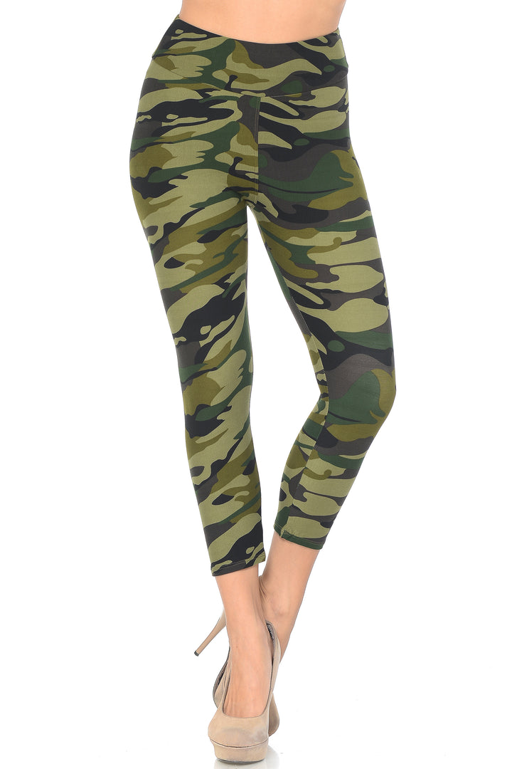 Wholesale Buttery Smooth Green Camouflage High Waisted Plus Size Capri - EEVEE