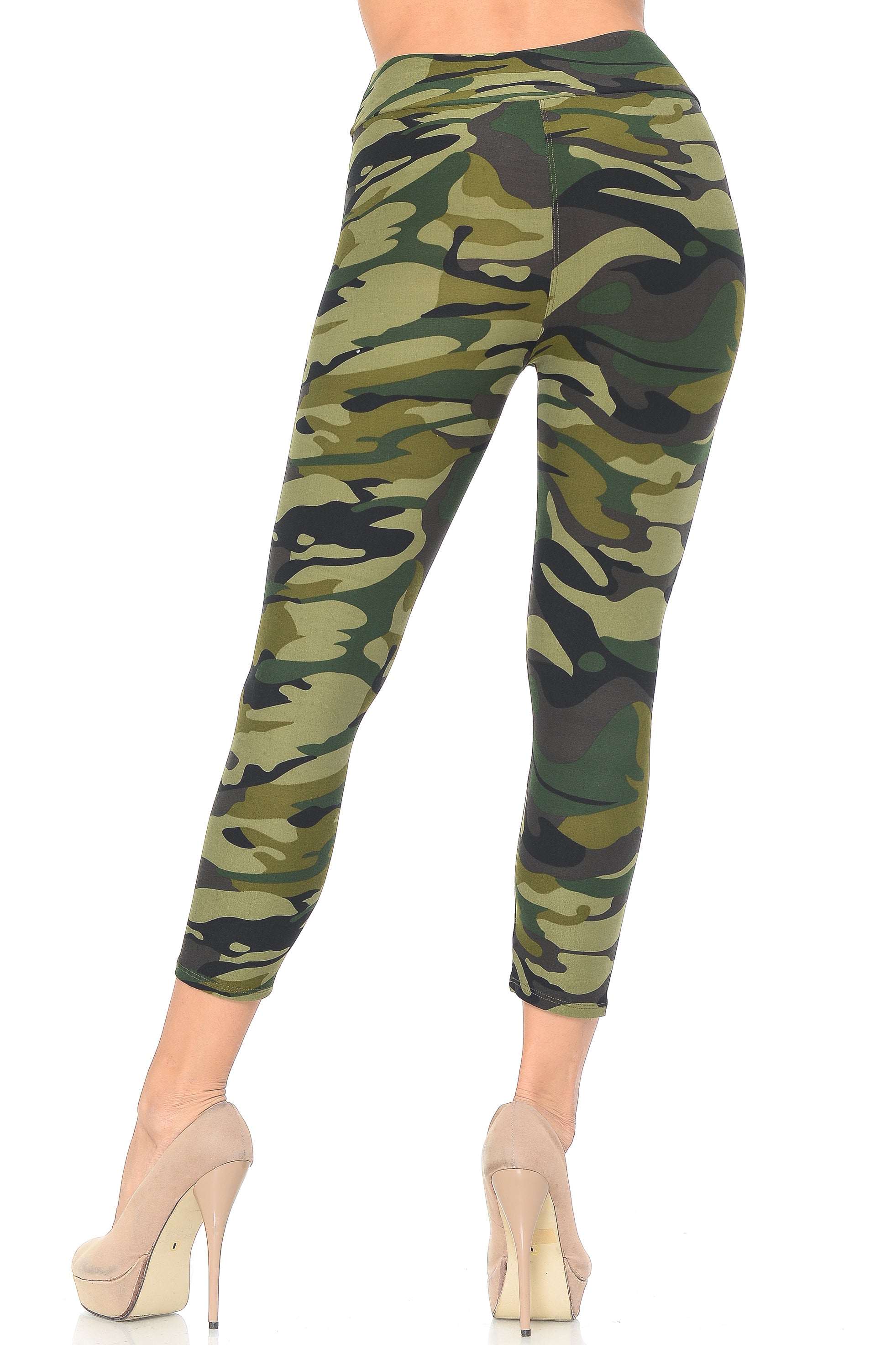 Wholesale Buttery Smooth Green Camouflage High Waisted Plus Size Capri - EEVEE